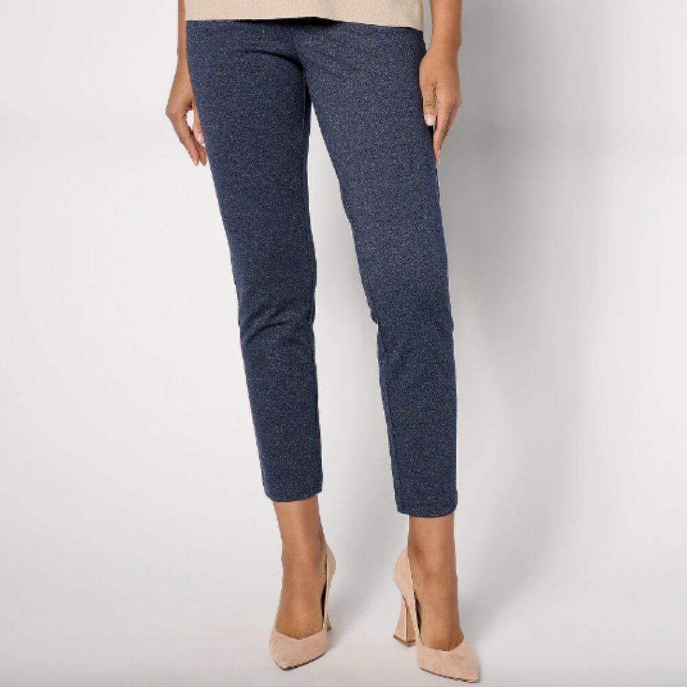 Susan Graver Regular Jaspe Ponte Knit Pull-On Slim Pants , Navy Sz 3X a630821